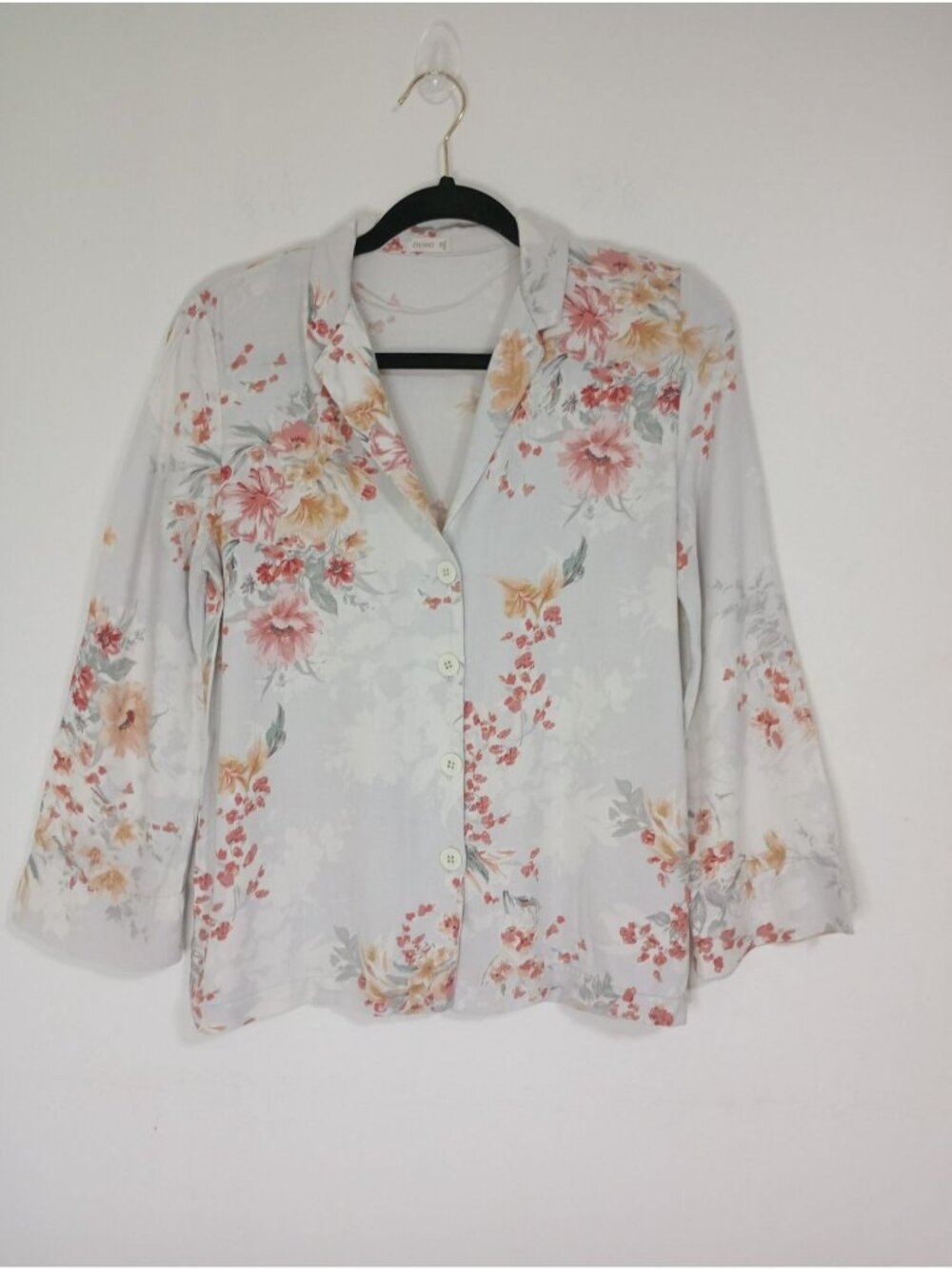 Oysho Floral Button-Up Blouse XS Pijama Womens Viscose Long Bell Sleeves